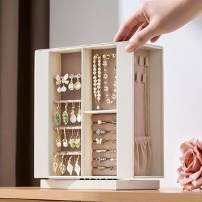 pickpiff Jewelry Box Organizer for Women: 360 Rotating Vertical Storage Case, Black Leather with Blush Velvet, Ring Necklace Bracelet Holder, Gift Decor, 10 x 8.7 x 3.9 in