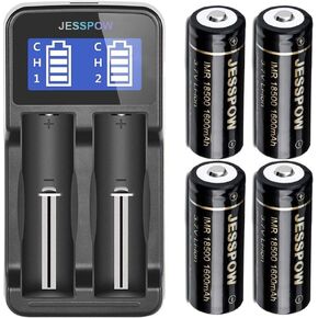 18500 بطاريات قابلة للشحن 4 حزمة مع شاحن ، IMR 18500 LI-ion Battery 1600mAh 3.7V [لمصباح يدوي ، ضوء الحديقة الشمسية] مع زر أعلى زر