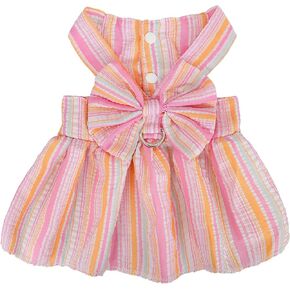 Pet Dog Harness Dress, Cute Dog Clothes for Small Dogs Girl, Striped Cotton Princess Puppy Dresses with Bowkont D-Ring, Summer Doggy Outfit Cat Clothing (Pink, XXS)