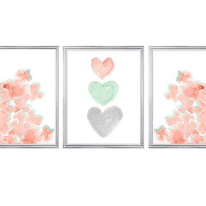 Coral and Mint Wall Art for Girls Bedroom, Set of 3 Botanical and Hearts Watercolor Prints, Unframed