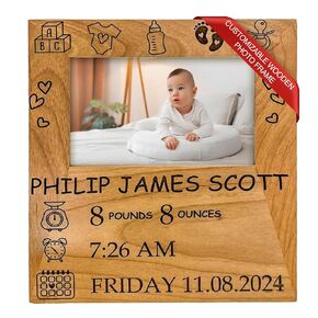 Alder Wood Customizable Frame for Baby | Engraved Picture Frame Personalized | Custom Picture Frames | Photo Frame Customized Picture, Personalized Photo Frame for 4x6 Photos with Custom Options