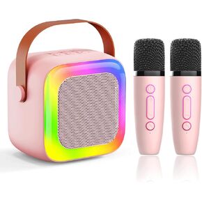 Mini Karaoke Machine for Kids Teen Adults, Kids Karaoke Machine with 2 Wireless Microphones and LED Lights Toys for Party, Home, Gifts for 4 5 6 7 8 9 10 11 12+ Years Girls Boys(Pink)