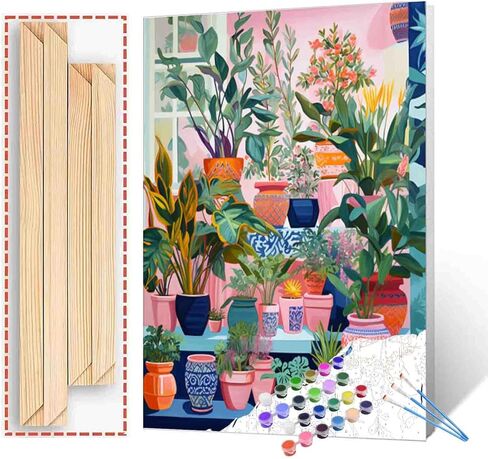 Colorful Array of Potted Plants Paint by Numbers for Adults Beginner Kids Window Sill Landscape Oil Painting Kit on Canvas with Brushes Acrylic Pigment Arts Home Decor 16x20In (DIY Frame) in Kuwait