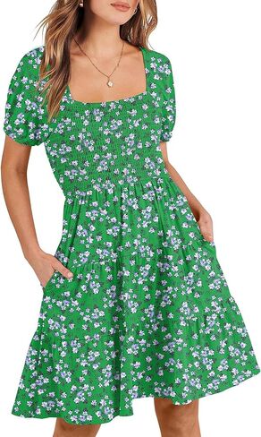 ANRABESS Women's Summer Mini Dresses 2024 Casual Square Neck Smocked Puff Sleeve Cute Short Dress in Saudi Arabia