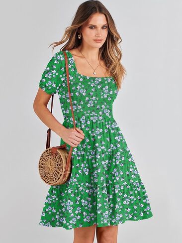 ANRABESS Women's Summer Mini Dresses 2024 Casual Square Neck Smocked Puff Sleeve Cute Short Dress in Saudi Arabia