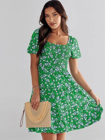 ANRABESS Women's Summer Mini Dresses 2024 Casual Square Neck Smocked Puff Sleeve Cute Short Dress in Saudi Arabia