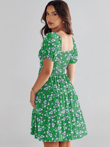 ANRABESS Women's Summer Mini Dresses 2024 Casual Square Neck Smocked Puff Sleeve Cute Short Dress in Saudi Arabia