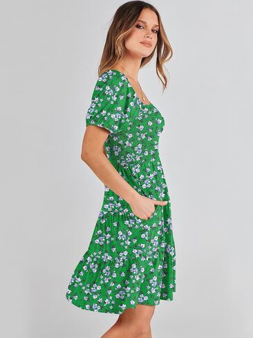 ANRABESS Women's Summer Mini Dresses 2024 Casual Square Neck Smocked Puff Sleeve Cute Short Dress in Saudi Arabia