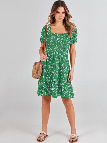 ANRABESS Women's Summer Mini Dresses 2024 Casual Square Neck Smocked Puff Sleeve Cute Short Dress in Saudi Arabia