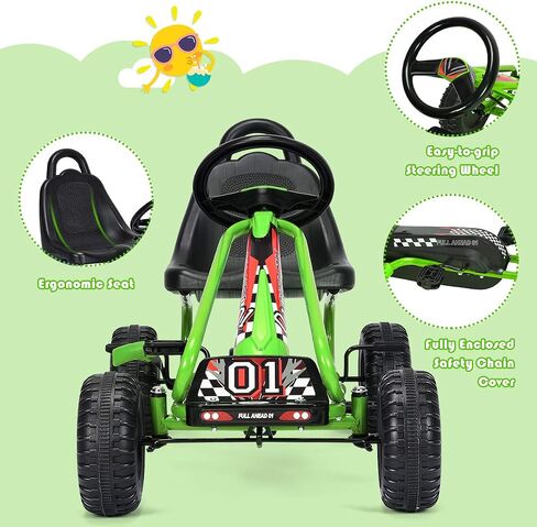 HONEY JOY Go Kart for Kids, 4 Wheel Pedal Powered Go Cart with Steering Wheels & Adjustable Seat, Safety Hand Brake, Non-Slip Tires, Outdoor Off-Road Racer Ride On Pedal Car for Boy Girl (Green) in Saudi Arabia