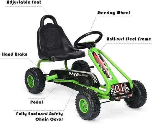 HONEY JOY Go Kart for Kids, 4 Wheel Pedal Powered Go Cart with Steering Wheels & Adjustable Seat, Safety Hand Brake, Non-Slip Tires, Outdoor Off-Road Racer Ride On Pedal Car for Boy Girl (Green) in Saudi Arabia