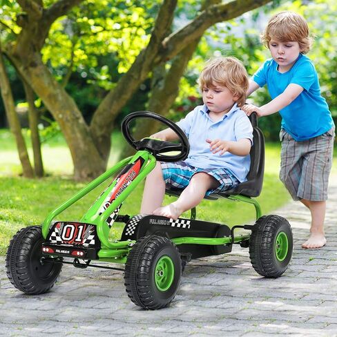 HONEY JOY Go Kart for Kids, 4 Wheel Pedal Powered Go Cart with Steering Wheels & Adjustable Seat, Safety Hand Brake, Non-Slip Tires, Outdoor Off-Road Racer Ride On Pedal Car for Boy Girl (Green) in Saudi Arabia