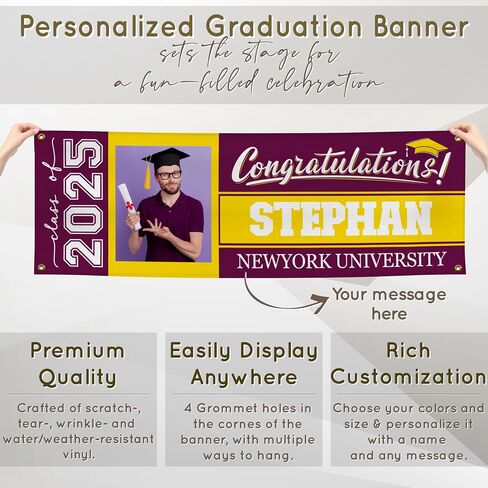 Graduation Banner 2025 Personalized - Your Own School Colors, Message - 17 Color Options 3 Sizes, 13oz Vinyl - Class of 2025 Banner, Outdoor Graduation Decor - Photo in Saudi Arabia