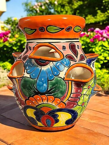Talavera Strawberry Planter 14 Inch ؛ الفخار المكسيكي المطلي باليد مع جيوب جانبية. وعاء حديقة مصنوع يدويًا (أزرق وأبيض) in Saudi Arabia