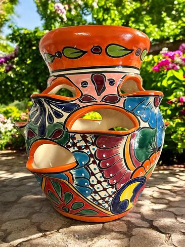 Talavera Strawberry Planter 14 Inch ؛ الفخار المكسيكي المطلي باليد مع جيوب جانبية. وعاء حديقة مصنوع يدويًا (أزرق وأبيض) in Saudi Arabia