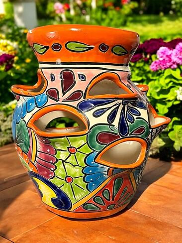 Talavera Strawberry Planter 14 Inch ؛ الفخار المكسيكي المطلي باليد مع جيوب جانبية. وعاء حديقة مصنوع يدويًا (أزرق وأبيض) in Saudi Arabia