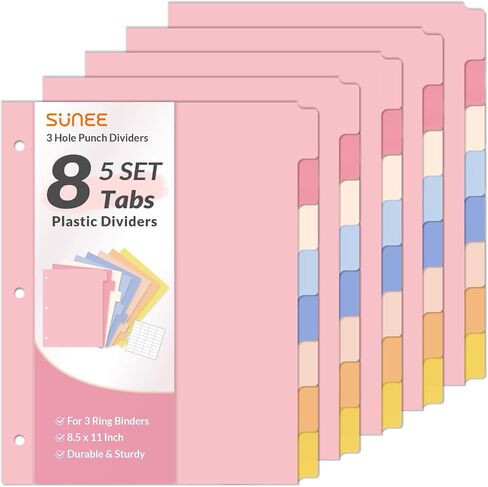 SUNEE 8 TAB BINDER DISIDERS ، فواصل بلاستيكية لثلاثة رنين ، 3 مقاطعات رنين مع علامات تبويب لوازم المنازل المكتبية المدرسية ، لون الباستيل ، مجموعة واحدة in Kuwait