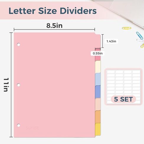 SUNEE 8 TAB BINDER DISIDERS ، فواصل بلاستيكية لثلاثة رنين ، 3 مقاطعات رنين مع علامات تبويب لوازم المنازل المكتبية المدرسية ، لون الباستيل ، مجموعة واحدة in Kuwait