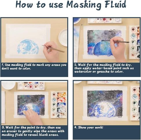 Masking Fluid for Watercolor Painting - 60ml White with a Paintbrush and Eraser - Art Masking Fluid Pen Watercolor Medium Art Supplies for Artists in Kuwait