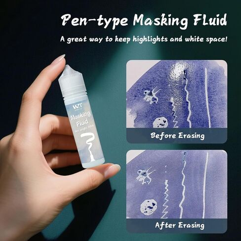 Masking Fluid for Watercolor Painting - 60ml White with a Paintbrush and Eraser - Art Masking Fluid Pen Watercolor Medium Art Supplies for Artists in Kuwait