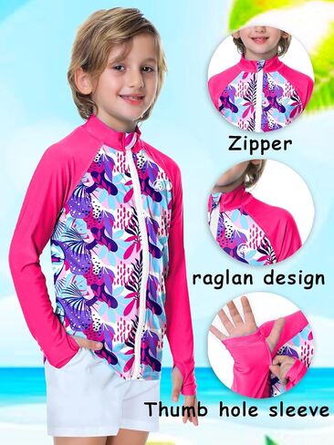 Kids Rash Guard UPF 50+ UV Sun Boy Girl Zip Hiking Shirt Long Sleeve Swim Tops with Thumb Holes Orange 11-12Y in Saudi Arabia