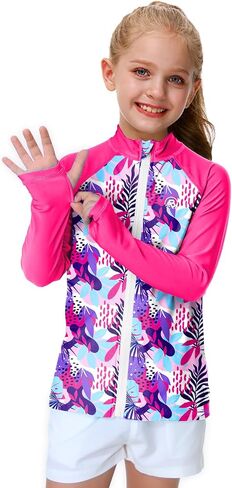 Kids Rash Guard UPF 50+ UV Sun Boy Girl Zip Hiking Shirt Long Sleeve Swim Tops with Thumb Holes Orange 11-12Y in Saudi Arabia