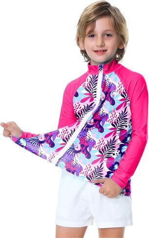 Kids Rash Guard UPF 50+ UV Sun Boy Girl Zip Hiking Shirt Long Sleeve Swim Tops with Thumb Holes Orange 11-12Y in Saudi Arabia