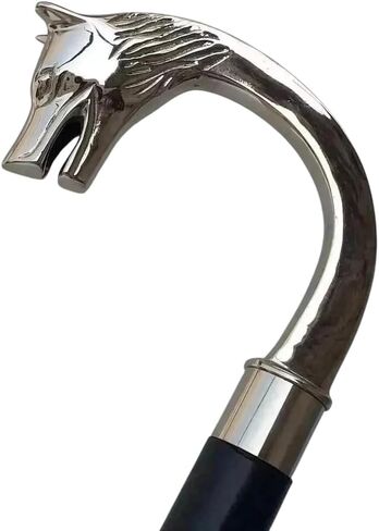 Vintage Brass Silver Wolf Head Walking Stick - Wooden Handmade Foldable Steampunk Walking Stick With Silver Brass Handle - Luxury Royal Victorian Designer Walking Stick For Senior/Men/Women. in Saudi Arabia