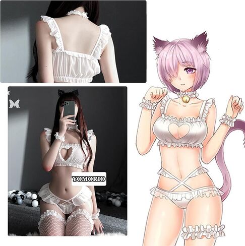 YOMORIO Anime Cute Cat Cosplay Costume Womens Sexy Open Chest Lingerie Lolita Japanese Style Nightie (Black) in Saudi Arabia