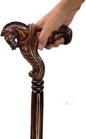 Wooden Horse Engraved Hand carved Cane - Premium Wood Carved Walking Stick Cane With Ergonomic Palm Grip Handle - 36" Brown Handmade Elegant Carved Walking Stick For Men Women in Saudi Arabia