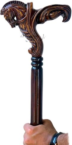 Wooden Horse Engraved Hand carved Cane - Premium Wood Carved Walking Stick Cane With Ergonomic Palm Grip Handle - 36" Brown Handmade Elegant Carved Walking Stick For Men Women in Saudi Arabia