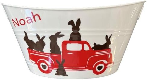 Personalized Truck Easter Basket - Custom Bunny Bucket - Easter Gifts for Kids With Name (White Metal Bucket) in Kuwait