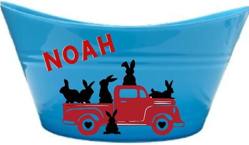 Personalized Truck Easter Basket - Custom Bunny Bucket - Easter Gifts for Kids With Name (White Metal Bucket) in Kuwait