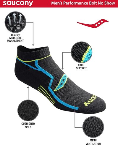 Saucony Men's Bolt Rundry Performance No-Show Multi-Pack Socks, Black Repreve (6 Pairs), Large in Saudi Arabia