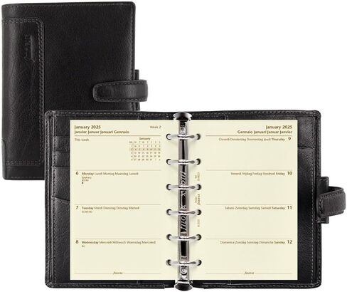 Filofax Holborn Organizer, Pocket Size, Black - Full Grain Buffalo Leather, Six Rings, with Cotton Cream Week-to-View Calendar Diary, Multilingual, 2024 (C025115-24) in Saudi Arabia
