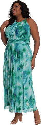 London Times Women's Plus Size Halter Maxi with Ruched Waistband, Soft White/Cobalt, 20 in Saudi Arabia