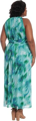 London Times Women's Plus Size Halter Maxi with Ruched Waistband, Soft White/Cobalt, 20 in Saudi Arabia