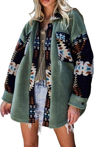 Women's Casual Fleece Jacket Tribal Aztec Shirt Jacket Long Sleeve Button Down Jacket Loose Shacket Outwear in Kuwait