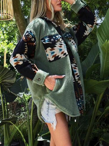 Women's Casual Fleece Jacket Tribal Aztec Shirt Jacket Long Sleeve Button Down Jacket Loose Shacket Outwear in Kuwait