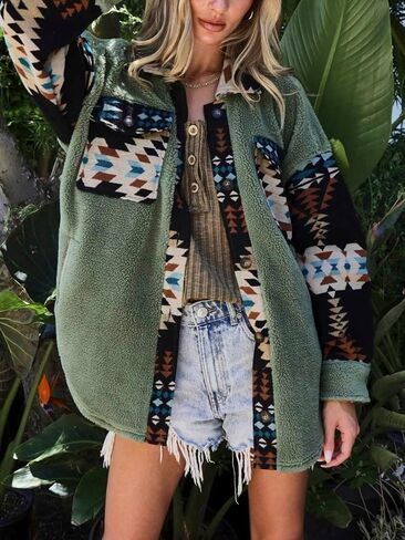 Women's Casual Fleece Jacket Tribal Aztec Shirt Jacket Long Sleeve Button Down Jacket Loose Shacket Outwear in Kuwait