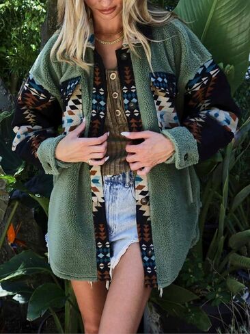 Women's Casual Fleece Jacket Tribal Aztec Shirt Jacket Long Sleeve Button Down Jacket Loose Shacket Outwear in Kuwait