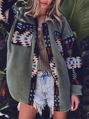 Women's Casual Fleece Jacket Tribal Aztec Shirt Jacket Long Sleeve Button Down Jacket Loose Shacket Outwear in Kuwait