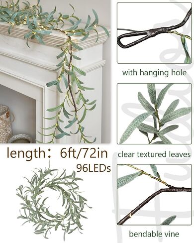 فودديوس مضاءة بطارية أغطية الزيتون التي تعمل مع توقيت 96 LED Fairy Lights 6ft ، Mantle Fireplace Vine Garland مع أضواء لزخرفة عيد الفصح الربيع عيد الميلاد حفل زفاف in Kuwait