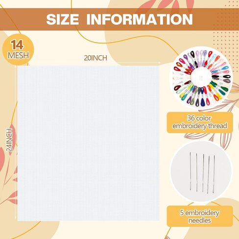 Zeyune Needlepoint Canvas 20 × 24 بوصة 18 شبكة قماش بيضاء فارغة مع 36 لونا من خيوط القطن و 5 إبر للتطريز ، مشاريع الكروشيه متماسكة in Kuwait