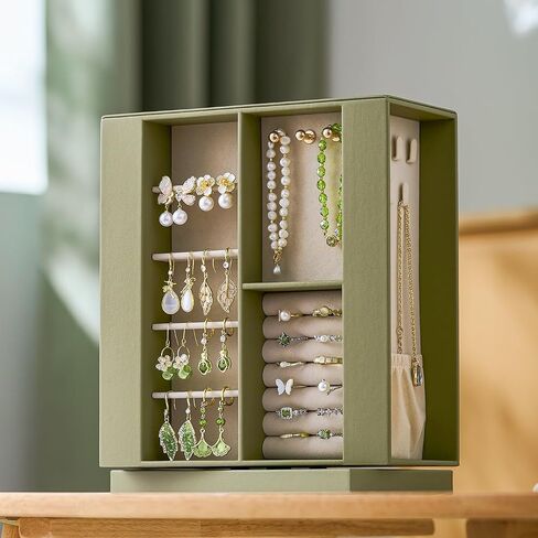 pickpiff Jewelry Box Organizer for Women: 360 Rotating Vertical Storage Case, Black Leather with Blush Velvet, Ring Necklace Bracelet Holder, Gift Decor, 10 x 8.7 x 3.9 in in Saudi Arabia