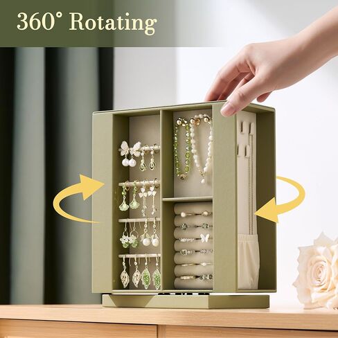 pickpiff Jewelry Box Organizer for Women: 360 Rotating Vertical Storage Case, Black Leather with Blush Velvet, Ring Necklace Bracelet Holder, Gift Decor, 10 x 8.7 x 3.9 in in Saudi Arabia