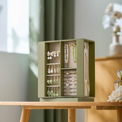 pickpiff Jewelry Box Organizer for Women: 360 Rotating Vertical Storage Case, Black Leather with Blush Velvet, Ring Necklace Bracelet Holder, Gift Decor, 10 x 8.7 x 3.9 in in Saudi Arabia