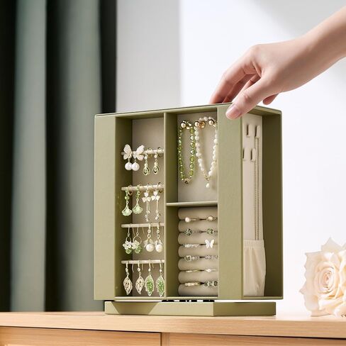 pickpiff Jewelry Box Organizer for Women: 360 Rotating Vertical Storage Case, Black Leather with Blush Velvet, Ring Necklace Bracelet Holder, Gift Decor, 10 x 8.7 x 3.9 in in Saudi Arabia