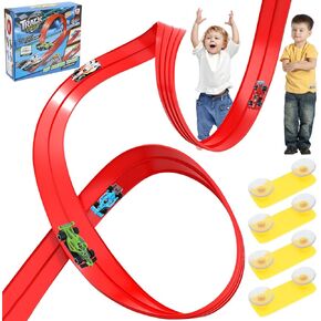 Flexible Race Track 13 Ft Starter Set, Car Truck Track Compatible with Hot Wheels and Diecast 1/64th Cars, Classic Long Roll Up Race Track with 4 Cars and 12 Suckers, Gifts for Kids Toddlers