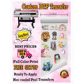 DTF Gang Sheet, Transfers Custom your own DTF Transfer Printing, DIY Your Photo/Logo/Letter/Text,Customized Iron on Transfer Personalized, Customized Decoration Applique for Clothing, Hats, Shoes,